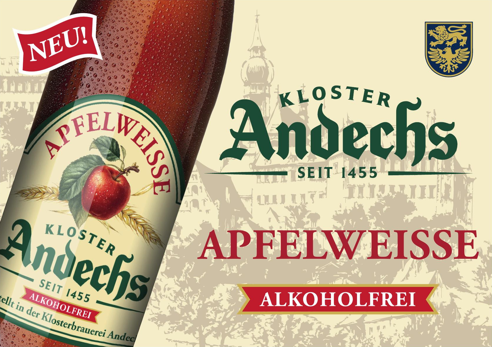 Andechs Apfelweisse: Anzeigenmotiv mit Flasche, Klostersilhouette und Hinweis alkoholfrei
